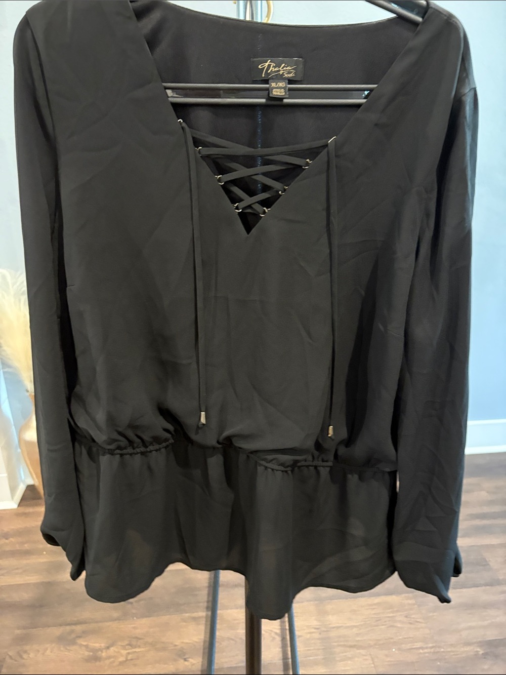 Tahari Black Lace-Up Peplum Top